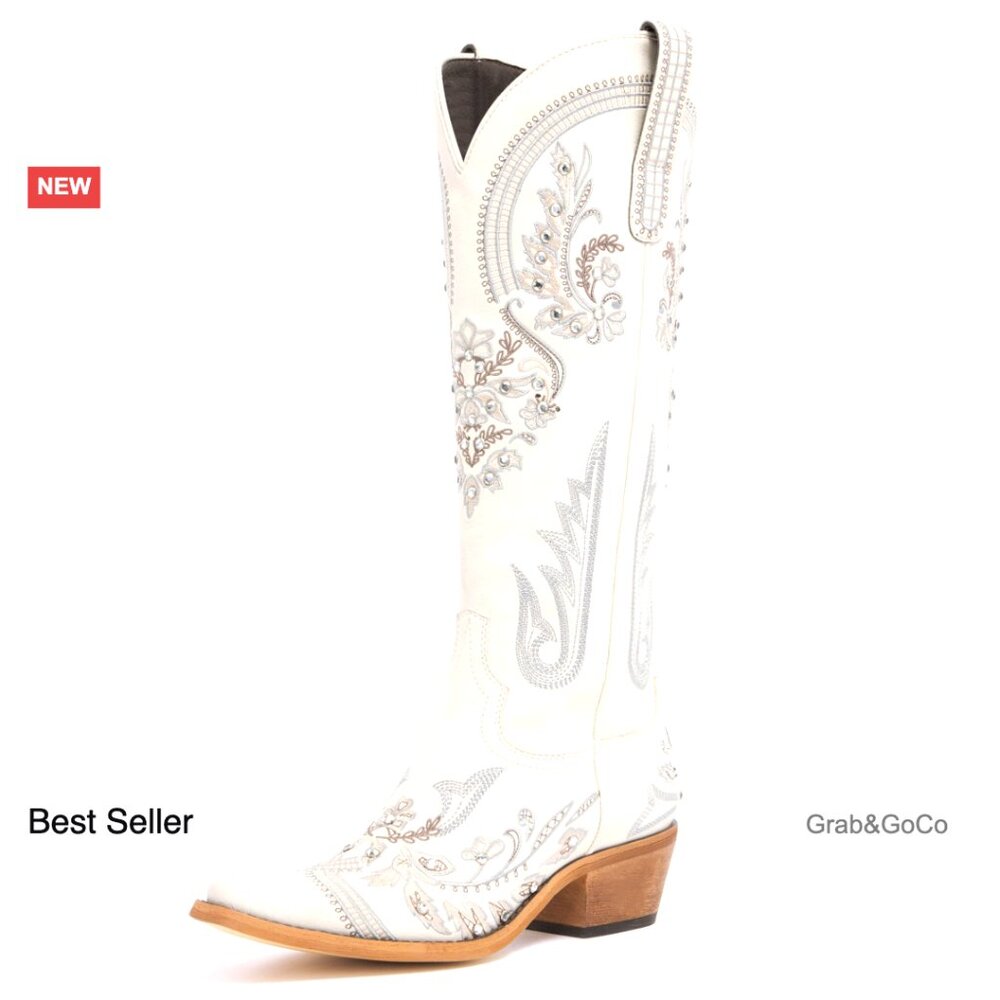 Western Cowgirl Boots Embroidered Rhinestones Knee High Pointed Toe Chunky Heel